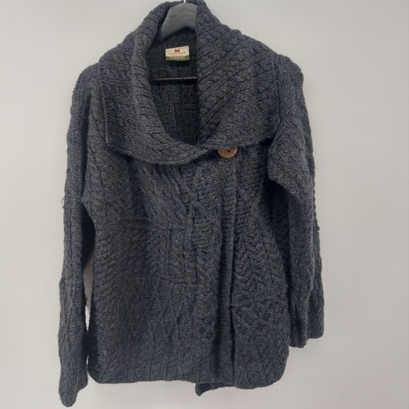 Aran Woollen Mills Carraig Donn Irish Cardigan Gray Cableknit Size Large - Picture 2 of 7